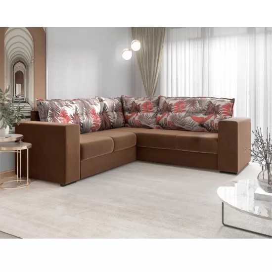 Sofá de Canto Mamflex Cannes 1085 5 lugares com almofadas soltas em tecido veludo Cacau palmeira Floral