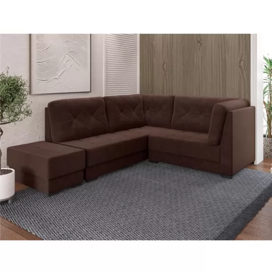 Sofá de Canto Cori 1080 Flex 5 lugares com Puff em tecido Veludo Cacau