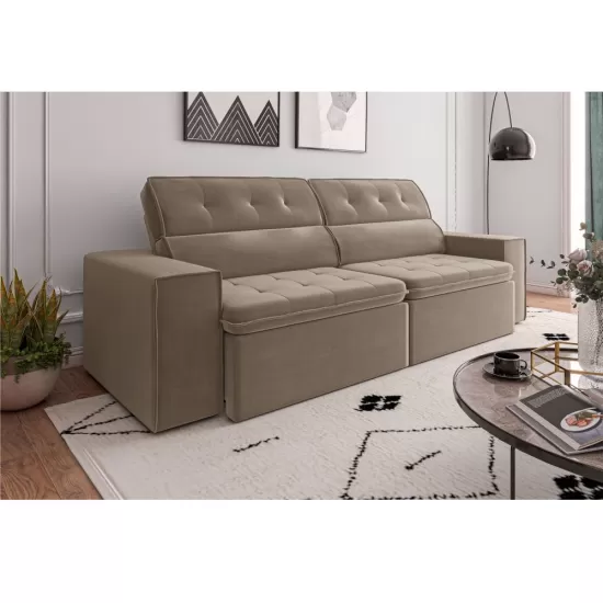 Sofá Retrátil e Reclinável 4 lugares Mamflex Petrópolis 3061 230 cm Tecido Veludo Capuccino Fino Paris