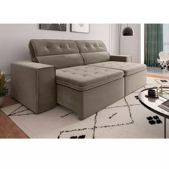 Sofá Retrátil e Reclinável 4 lugares Mamflex Petrópolis 3061 230 cm Tecido Veludo Capuccino Fino Paris