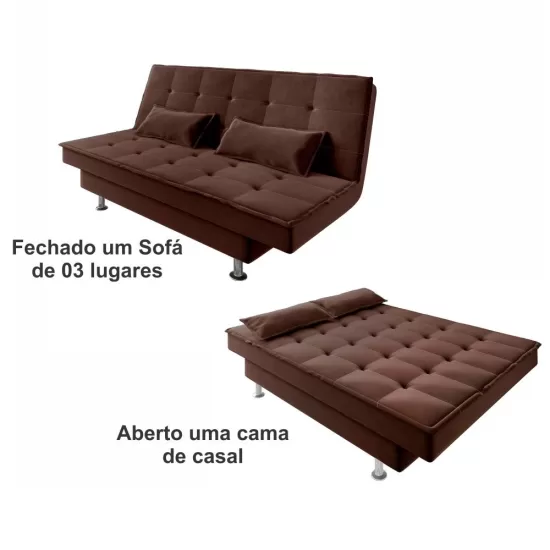 Sofá Cama Bicama 3 lugares Saloma 5031 com 2 almofadas em tecido veludo cacau