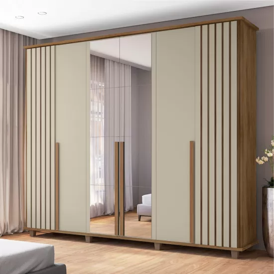 Guarda Roupa de Casal RV Móveis França com 240 cm de Largura espelho e pés cinamomo Off White