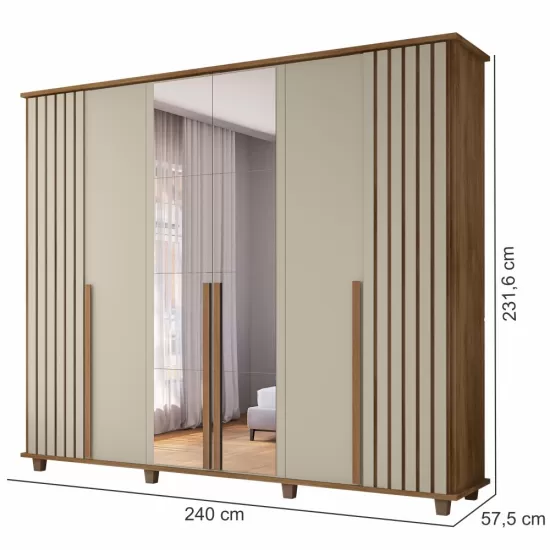 Guarda Roupa de Casal RV Móveis França com 240 cm de Largura espelho e pés cinamomo Off White