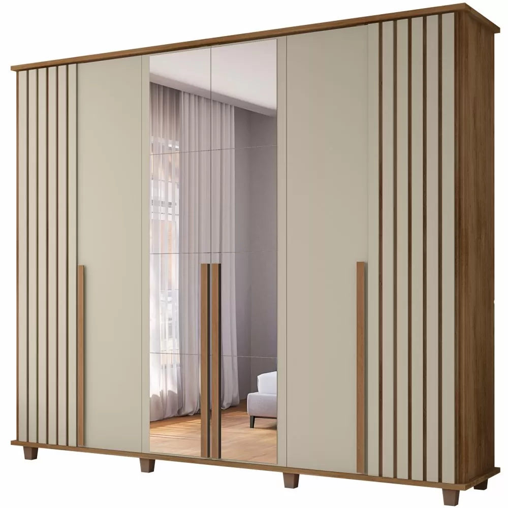 Guarda Roupa de Casal RV Móveis França com 240 cm de Largura espelho e pés cinamomo Off White