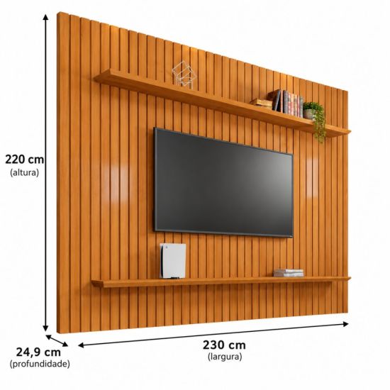 Painel RV Móveis Roma com prateleiras para TV de até 75 polegadas largura de 2,30 metros cinamomo