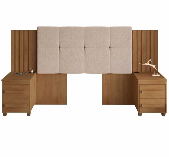 Cabeceira Estofada para cama box casal/Queen/king RV Móveis Suíça com 02 mesas de cabeceira com tomada cinamomo