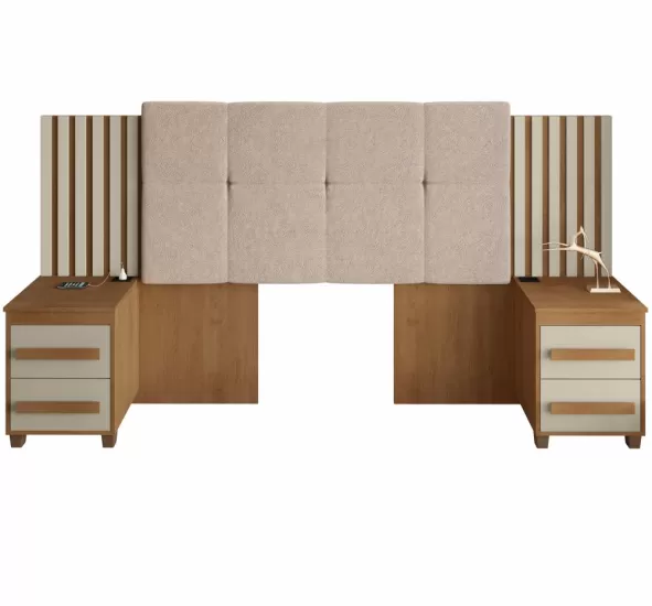 Cabeceira Estofada para cama box casal/Queen/king RV Móveis Suíça com 02 mesas de cabeceira com tomada cinamomo OFF White