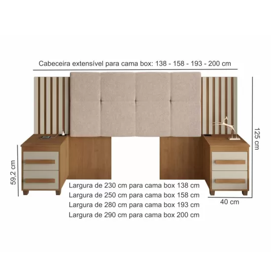 Cabeceira Estofada para cama box casal/Queen/king RV Móveis Suíça com 02 mesas de cabeceira com tomada cinamomo OFF White