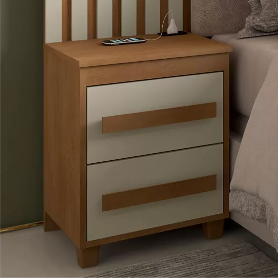 Cabeceira Estofada para cama box casal/Queen/king RV Móveis Suíça com 02 mesas de cabeceira com tomada cinamomo OFF White
