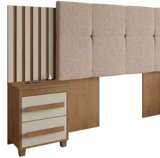 Cabeceira Estofada para cama box casal/Queen/king RV Móveis Suíça com 02 mesas de cabeceira com tomada cinamomo OFF White