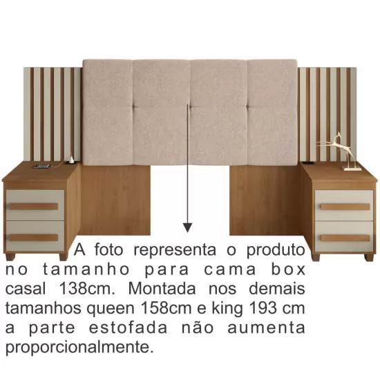 Cabeceira Estofada para cama box casal/Queen/king RV Móveis Suíça com 02 mesas de cabeceira com tomada cinamomo OFF White
