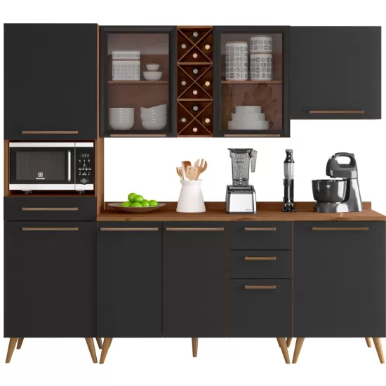 Armário de Cozinha Zanzini Favorita 5 peças com vidro e 8 portas 3 gavetas com 238 cm de Largura Natura Preto TX 