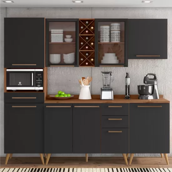 Armário de Cozinha Zanzini Favorita 5 peças com vidro e 8 portas 3 gavetas com 238 cm de Largura Natura Preto TX 