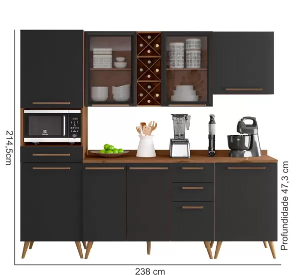 Armário de Cozinha Zanzini Favorita 5 peças com vidro e 8 portas 3 gavetas com 238 cm de Largura Natura Preto TX 