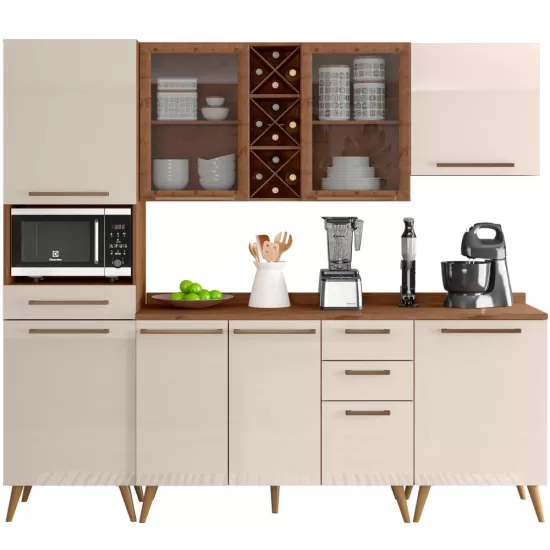 Armário de Cozinha Zanzini Favorita 5 peças com vidro e 8 portas 3 gavetas com 238 cm de Largura  Natura OFF White TX