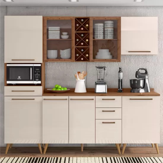 Armário de Cozinha Zanzini Favorita 5 peças com vidro e 8 portas 3 gavetas com 238 cm de Largura  Natura OFF White TX