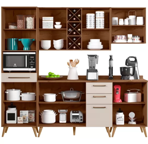 Armário de Cozinha Zanzini Favorita 5 peças com vidro e 8 portas 3 gavetas com 238 cm de Largura  Natura OFF White TX