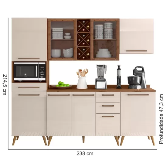 Armário de Cozinha Zanzini Favorita 5 peças com vidro e 8 portas 3 gavetas com 238 cm de Largura  Natura OFF White TX