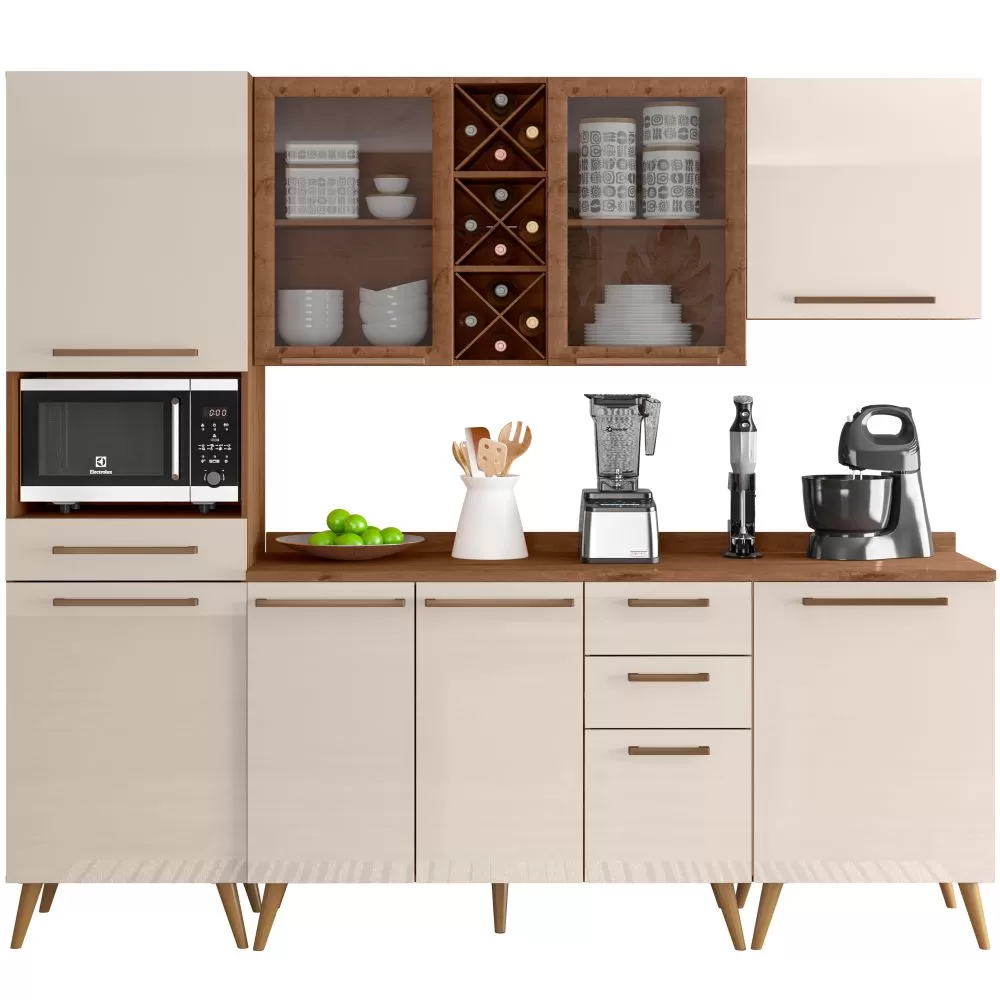 Armário de Cozinha Zanzini Favorita 5 peças com vidro e 8 portas 3 gavetas com 238 cm de Largura  Natura OFF White TX
