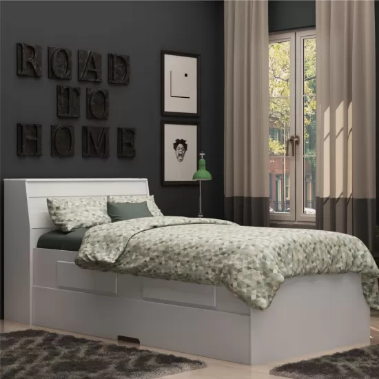 Cama Solteiro Gelius Bibox Teen com auxiliar 2 gavetas cabeceira com baú 100% MDF Branca/Branca Rosa/Branca Azul