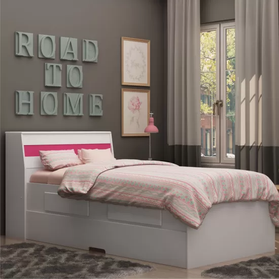 Cama Solteiro Gelius Bibox Teen com auxiliar 2 gavetas cabeceira com baú 100% MDF Branca/Branca Rosa/Branca Azul