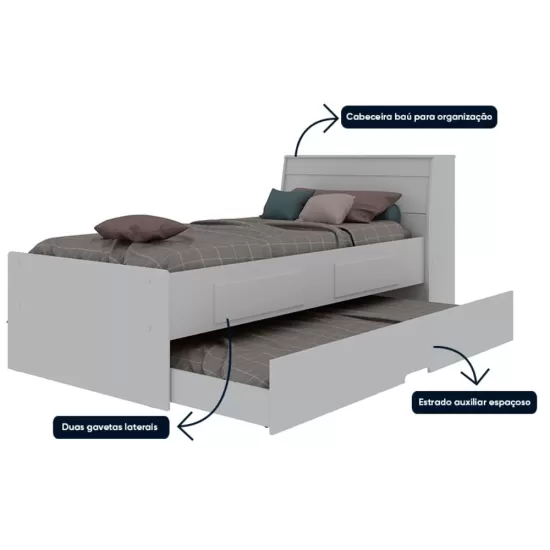 Cama Solteiro Gelius Bibox Teen com auxiliar 2 gavetas cabeceira com baú 100% MDF Branca/Branca Rosa/Branca Azul