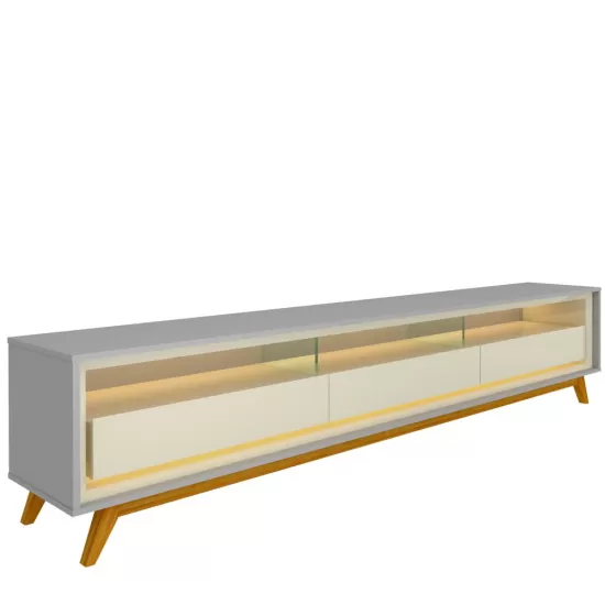 Rack Bancada para TV de 85” Gelius Requinte 212 com 03 gavetas LED e pés de madeira com 211,4 cm de Largura  100% MDF Cinza OFF White