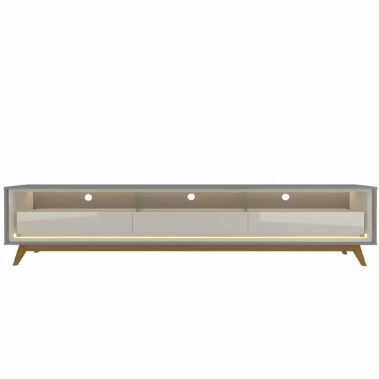Rack Bancada para TV de 85” Gelius Requinte 212 com 03 gavetas LED e pés de madeira com 211,4 cm de Largura  100% MDF Cinza OFF White