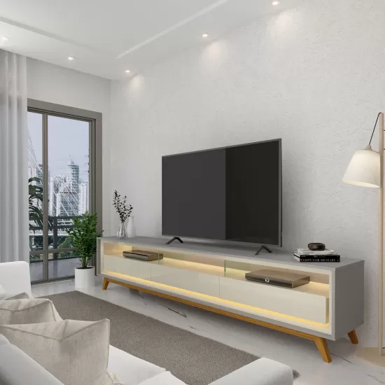 Rack Bancada para TV de 85” Gelius Requinte 212 com 03 gavetas LED e pés de madeira com 211,4 cm de Largura  100% MDF Cinza OFF White