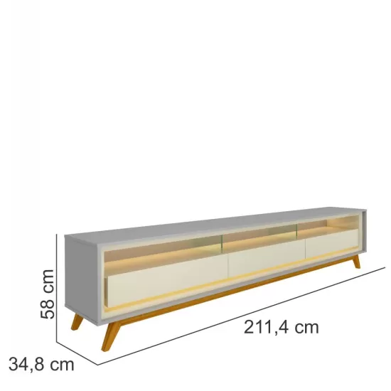 Rack Bancada para TV de 85” Gelius Requinte 212 com 03 gavetas LED e pés de madeira com 211,4 cm de Largura  100% MDF Cinza OFF White