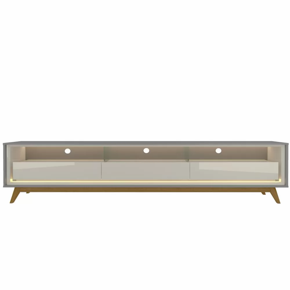 Rack Bancada para TV de 85” Gelius Requinte 212 com 03 gavetas LED e pés de madeira com 211,4 cm de Largura  100% MDF Cinza OFF White