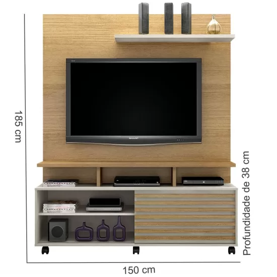 Estante Home Theater Valdemóveis Star para TV de ate 60 polegadas com porta e nichos com 150 cm de Largura Cinamomo OFF White
