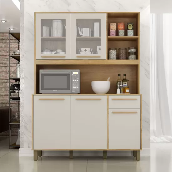 Armário de Cozinha Valdemóveis Rubi 5 portas 1 gaveta 3 nichos com 120 cm de Largura Cinamomo OFF White