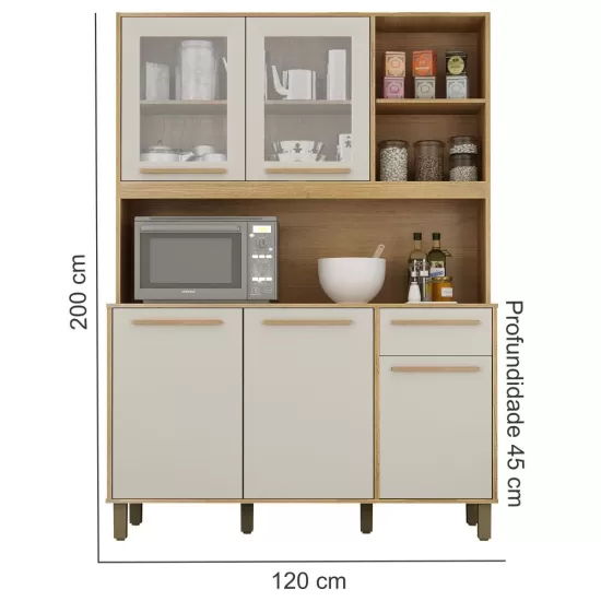 Armário de Cozinha Valdemóveis Rubi 5 portas 1 gaveta 3 nichos com 120 cm de Largura Cinamomo OFF White