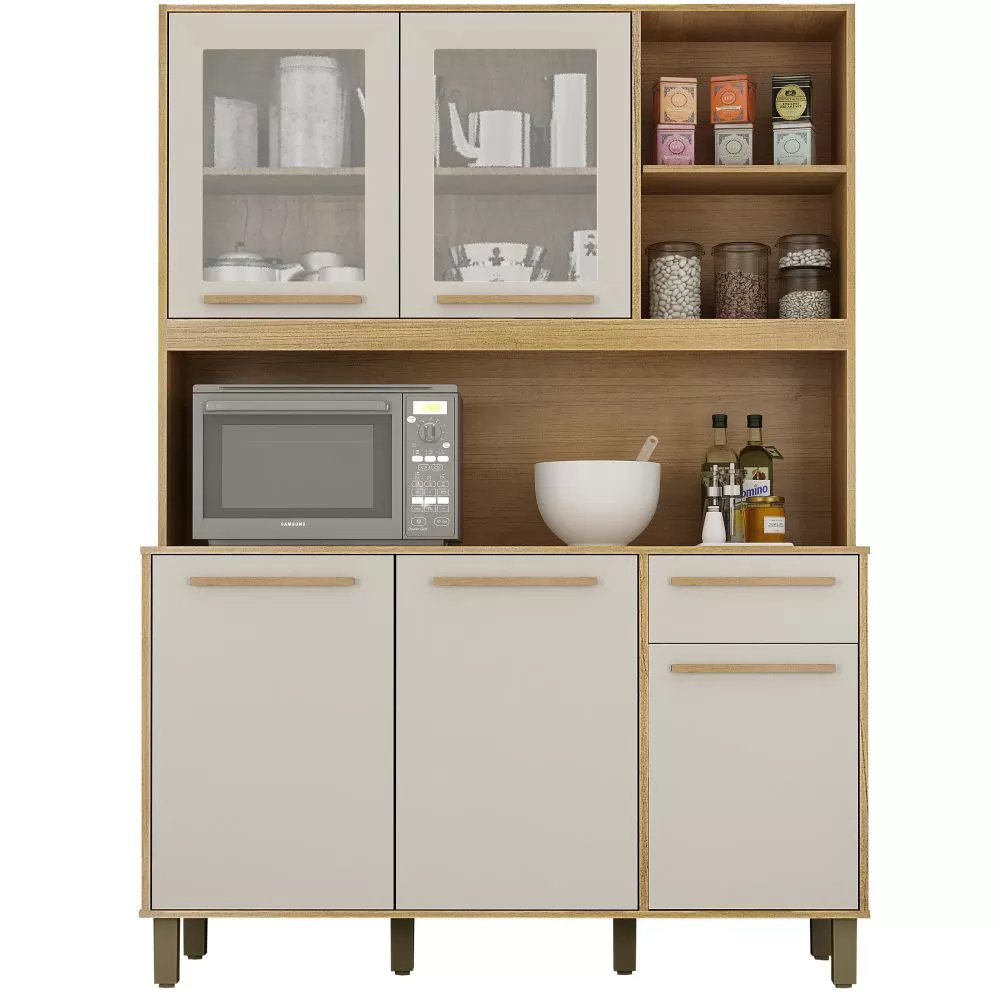 Armário de Cozinha Valdemóveis Rubi 5 portas 1 gaveta 3 nichos com 120 cm de Largura Cinamomo OFF White
