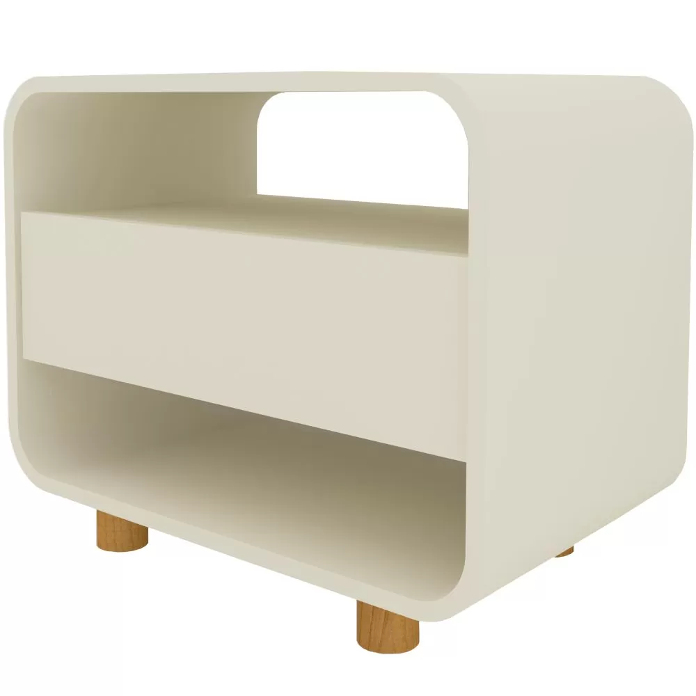 Mesa de cabeceira Gelius Innova 1 gaveta design curvo pés de madeira  100% MDF  OFF White 