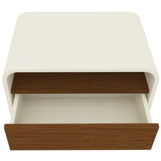Mesa de cabeceira Gelius Innova 1 gaveta design curvo pés de madeira OFF White Castanho