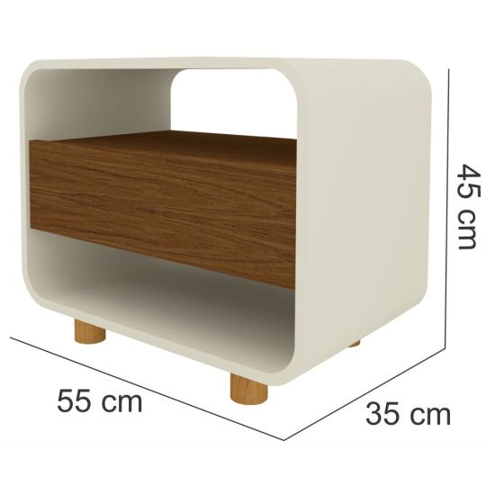 Mesa de cabeceira Gelius Innova 1 gaveta design curvo pés de madeira OFF White Castanho