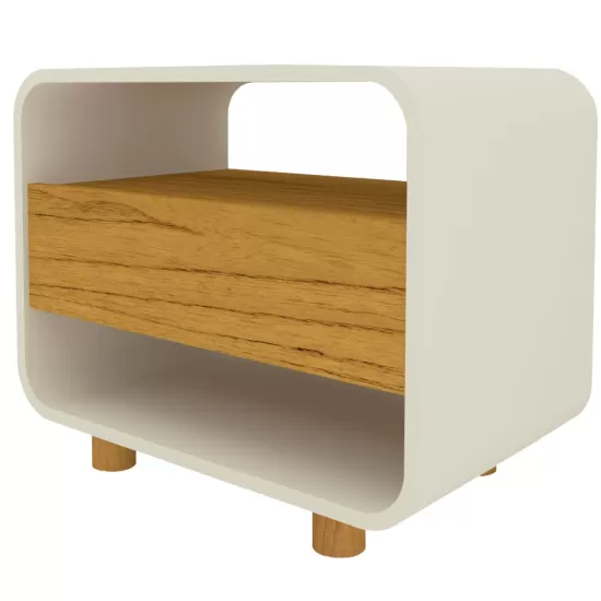 Mesa de cabeceira Gelius Innova 1 gaveta design curvo pés de madeira  100% MDF  OFF White Naturale