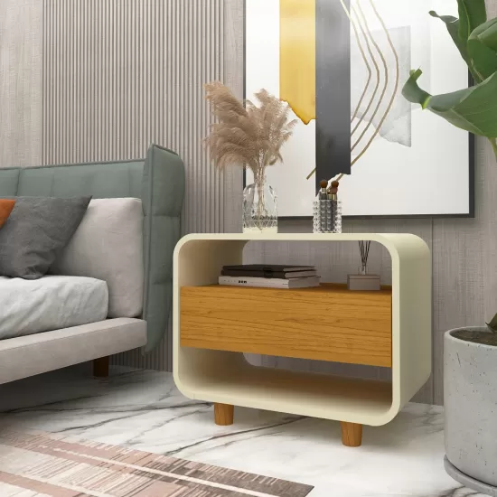 Mesa de cabeceira Gelius Innova 1 gaveta design curvo pés de madeira  100% MDF  OFF White Naturale