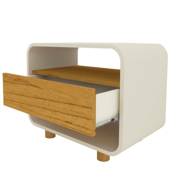 Mesa de cabeceira Gelius Innova 1 gaveta design curvo pés de madeira OFF White Naturale