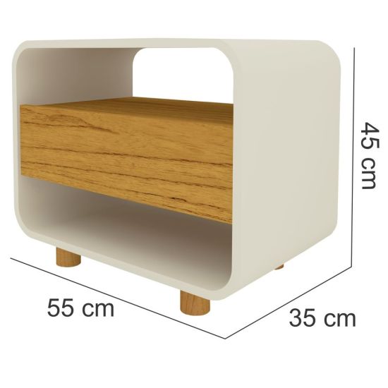 Mesa de cabeceira Gelius Innova 1 gaveta design curvo pés de madeira OFF White Naturale
