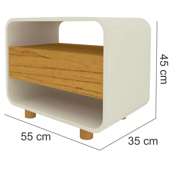 Mesa de cabeceira Gelius Innova 1 gaveta design curvo pés de madeira  100% MDF  OFF White Naturale