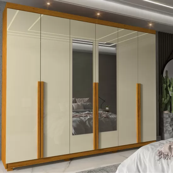 Guarda Roupas Roupeiro Casal Gelius Imperatriz 100% MDF com 230 cm de Largura 06 portas 4 gavetas com espelho e pés Naturale OFF White
