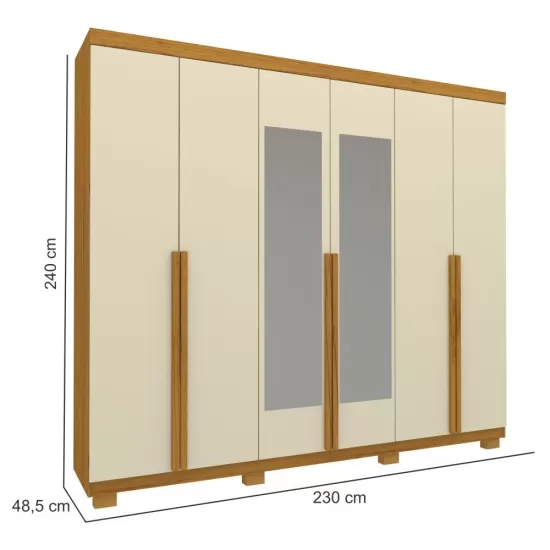 Guarda Roupas Roupeiro Casal Gelius Imperatriz 100% MDF com 230 cm de Largura 06 portas 4 gavetas com espelho e pés Naturale OFF White