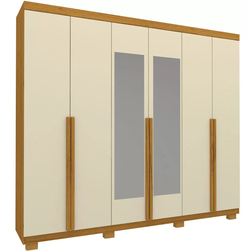 Guarda Roupas Roupeiro Casal Gelius Imperatriz 100% MDF com 230 cm de Largura 06 portas 4 gavetas com espelho e pés Naturale OFF White