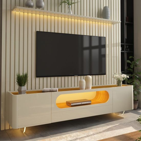 Painel Gelius Nobre e Rack nobre com LED para TV de ate 85 polegadas pês de vidro OFF White Naturale