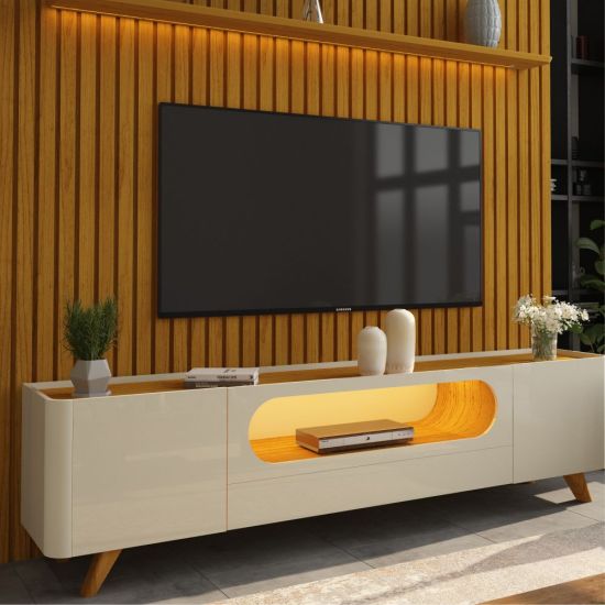 Painel Gelius Nobre e Rack nobre com LED para TV de ate 85 polegadas pês de madeira Naturale OFF White