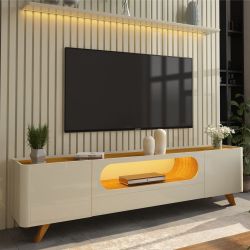 Painel Gelius Nobre e Rack nobre com LED para TV de ate 85 polegadas pês de madeira OFF White Naturale