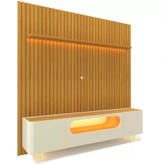 Painel Gelius Nobre e Rack nobre com LED para TV de ate 85 polegadas pês de vidro  com 230 cm de Largura 100% MDF  Naturale OFF White